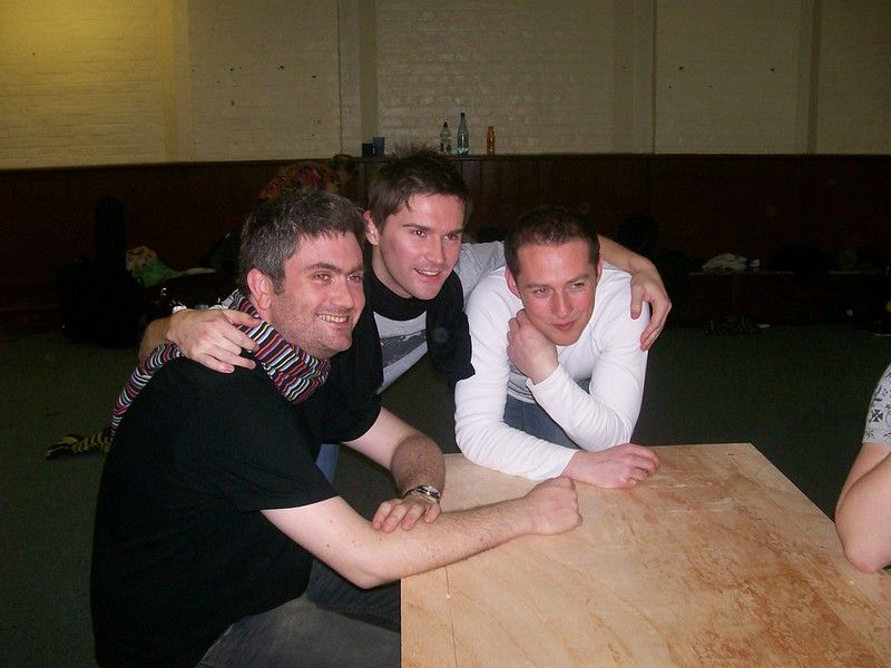 Paul Cozens (left) with James Howard and Tim Garrad in rehearsals for Rent in 2008